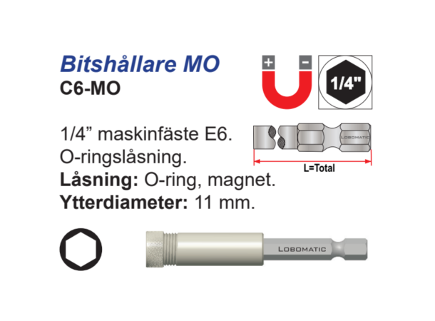 Bitsholder C6 1/4X60mm Med Magnet og Låsering (O-Ring)
