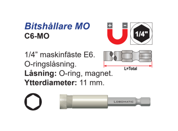 Bitsholder C6 1/4X60mm Med Magnet og Låsering (O-Ring) 