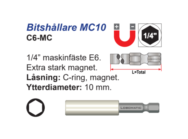 Bitsholder C6 1/4X58mm m/Magnet og Låsering (C-Ring)