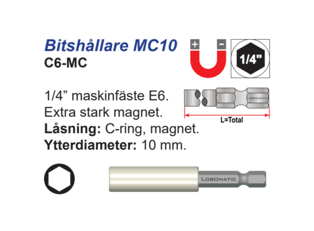 Bitsholder C6 1/4X58mm m/Magnet og Låsering (C-Ring) 
