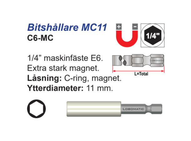 Bitsholder C6 1/4X75mm m/Magnet og Låsering (C-Ring)