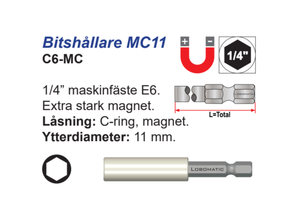 Bitsholder C6 1/4X75mm m/Magnet og Låsering (C-Ring) 