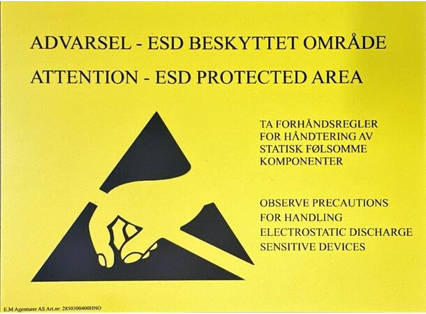 Varselskilt Esd Gul 300X400mm Hard Plast Norsk/Engelsk 